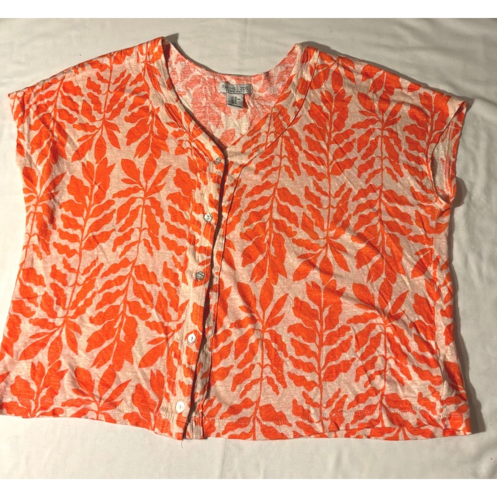 Rachel Zoe Womens XL Orange Tropical Leaf Print 100% Linen Button Down Top